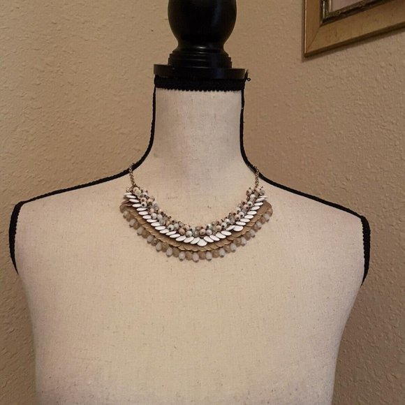 LOFT Jewelry Signed Loft Gold Tone Beaded White Costume Necklace Adjustable Length Ann
